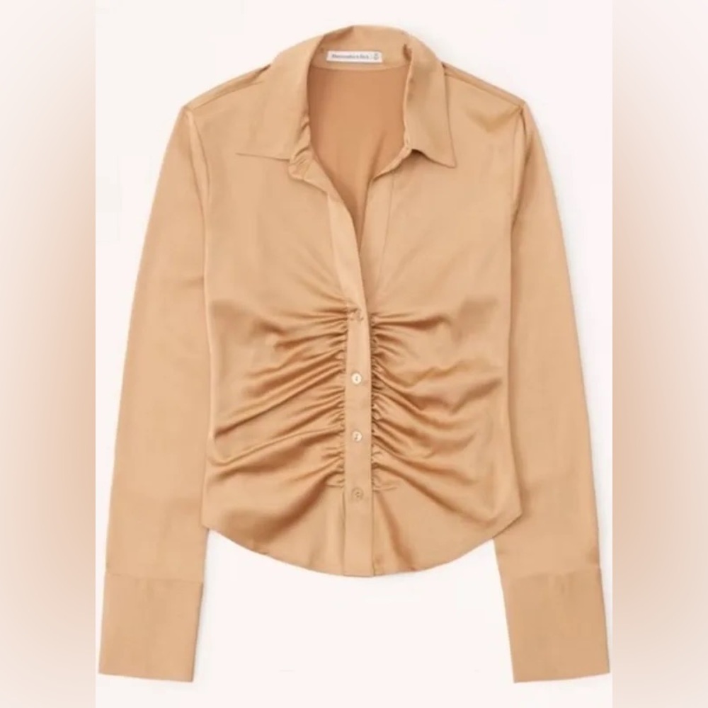 ABERCROMBIE & FITCH Beige Ruched Button Down Shirt